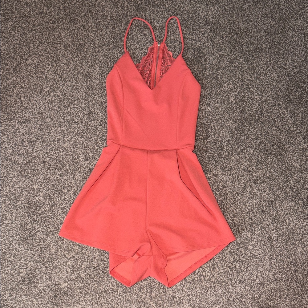Coral Lace-Back Romper